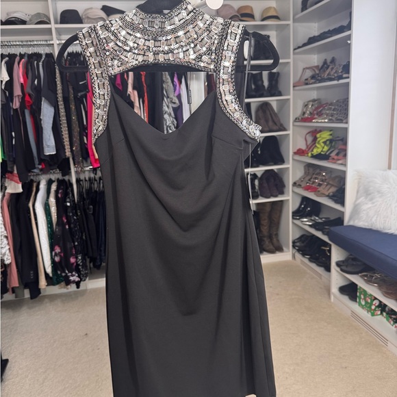 Boston Proper Elegant Black Dress with Embellished Neckline - Picture 6 of 8